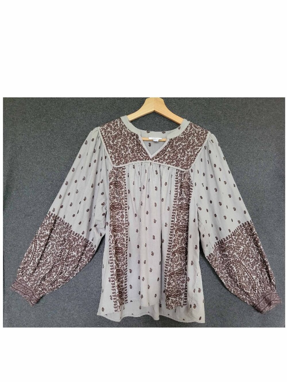 Pure Jill Elements Gray Brown Paisley Blouse Puffy Sleeve Empire Waist Flowy S